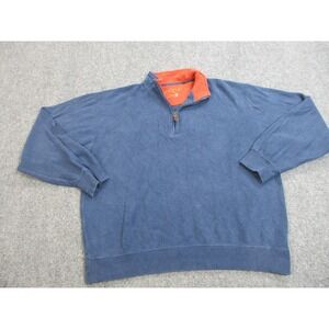 Orvis Sweater Mens Large Blue Quarter Zip Cotton Pullover Orange Collar Outdoors